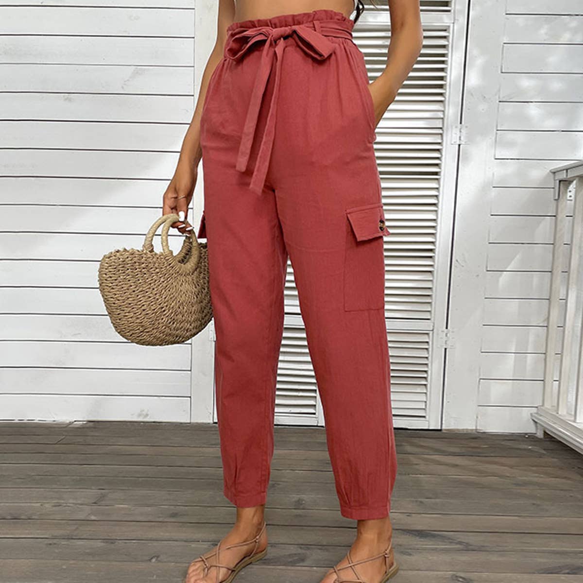 SOLID COLOR HIGH-WAISTED CASUAL LACE-UP PANTS