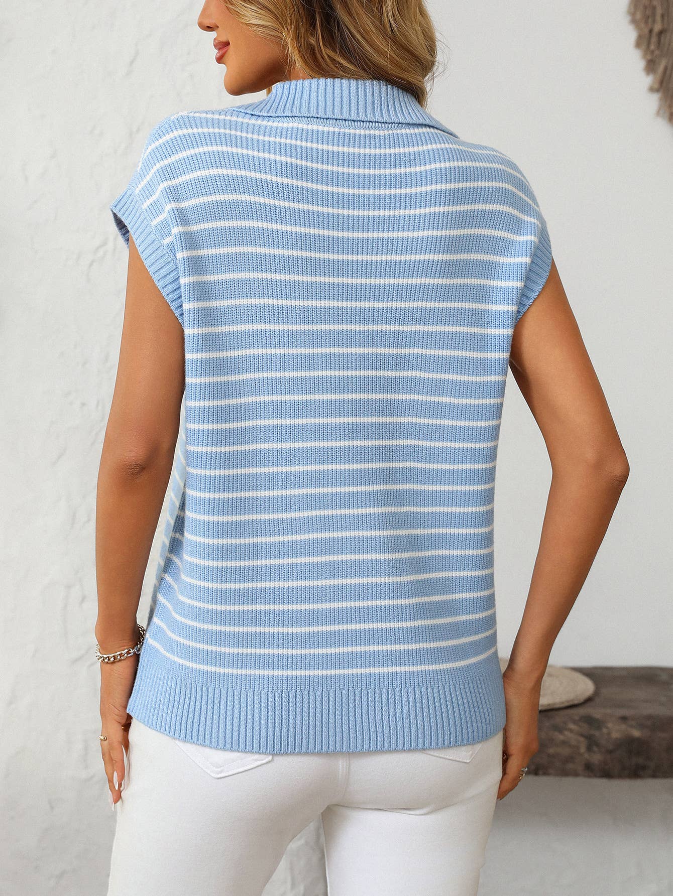 V-neck casual striped lapel knitted sweater