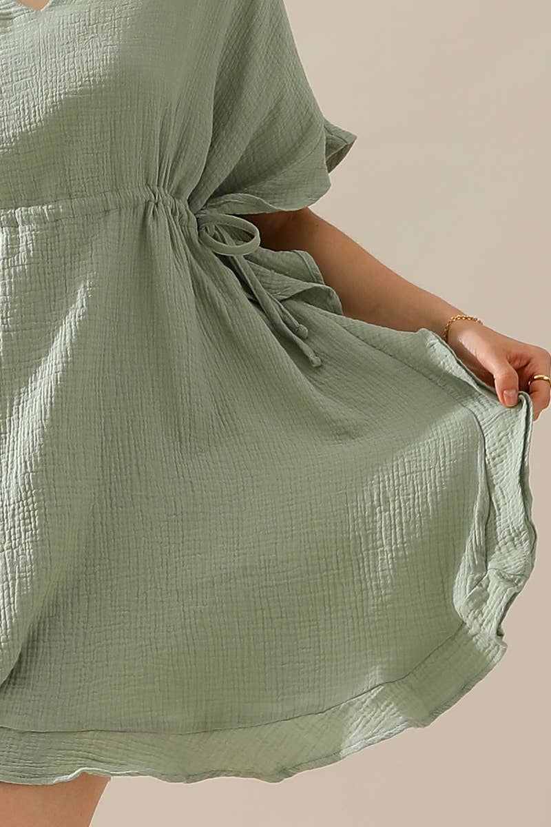 CWDSD10360_DRAWSTRING WAIST SOFT COTTON RUFFLE HEM DRESS