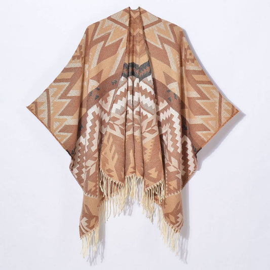 GEOMETRIC WAVE TASSEL SLIT SHAWL