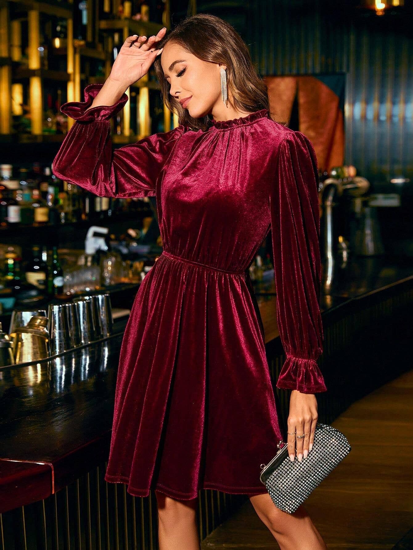 VELVET SEMI HIGH NECK WAIST A SWING SHORT DRESS