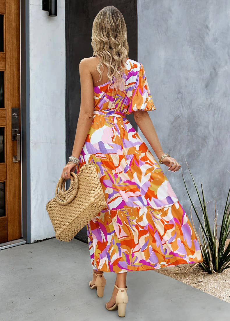 SLANT SHOULDER PRINTED LANTERN SLEEVE DRESS