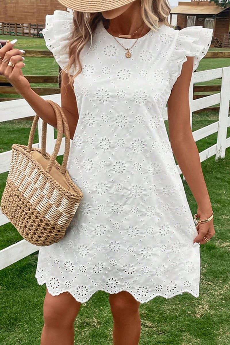 CWDSD8208_SOLID COLOR EMBROIDERED ROUND NECK VEST DRESS