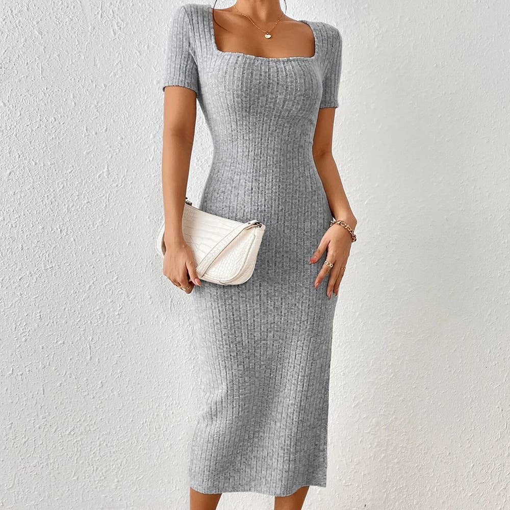 Slit wrap hip square collar knitted dress