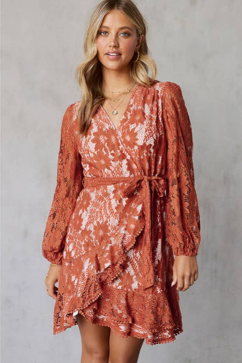 CWDSD6589_LACE DEEP V PATCHWORK LACE-UP DRESS SHORT