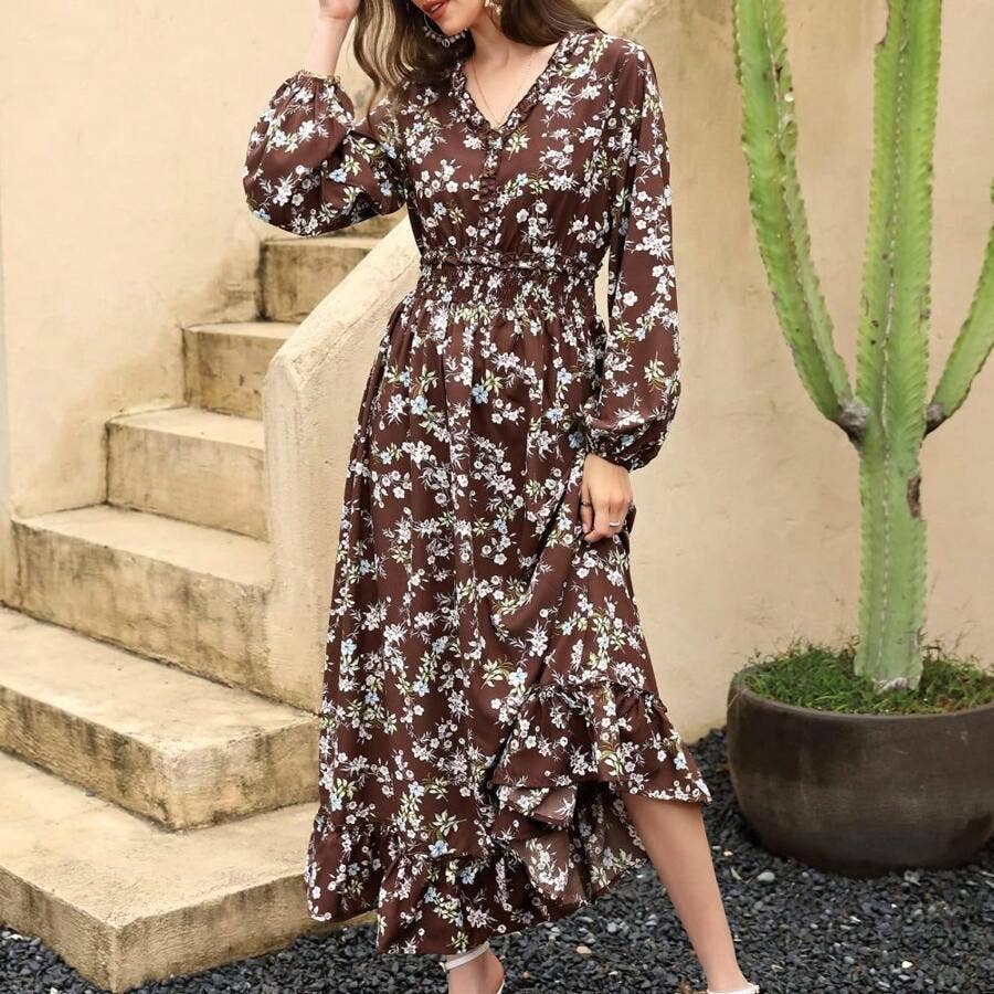 WOMEN'S BOHO LONG-SLEEVED PRINTED LONG DRESS