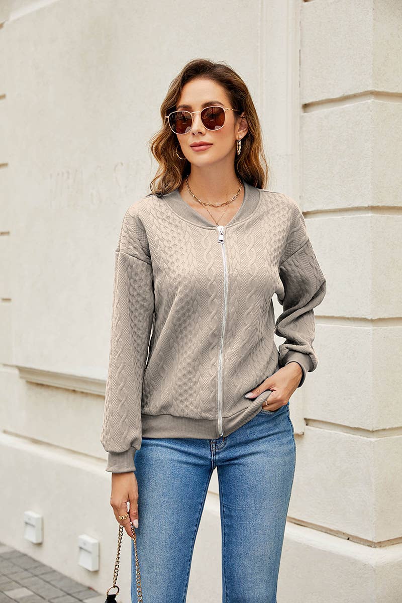 Solid-color zipper round-neck Jackets