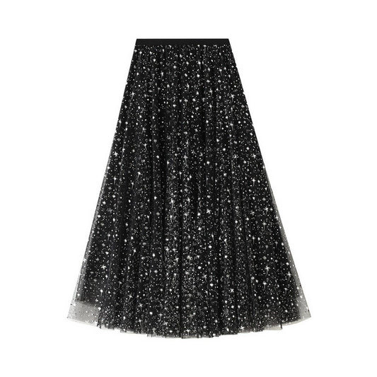 Starry Sequin Tulle A-Line Fairy Midi Skirt_CWBMS0389