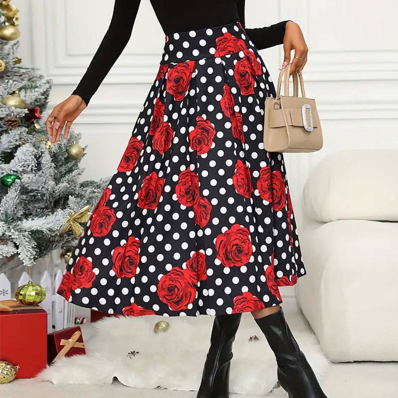 Mid-length skirt with high-waisted polka dot