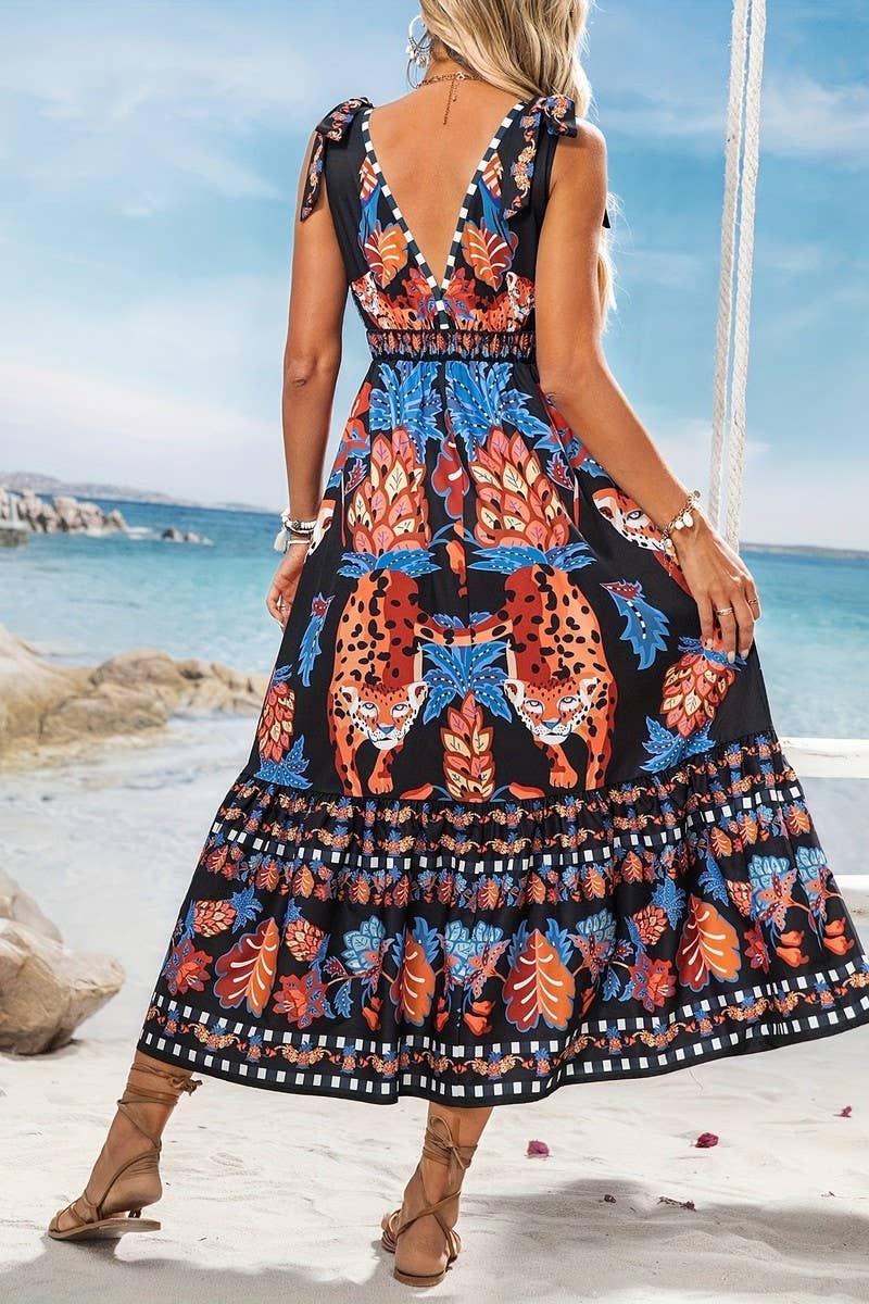 CWDMD6391_BEACH VACATION LOOSE V-NECK PRINTED DRESS