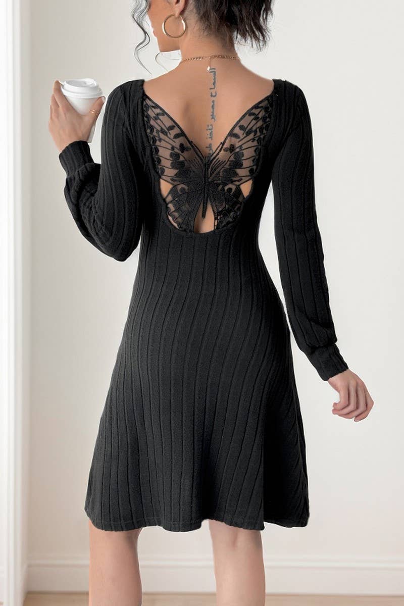 CWDMD4800_BRUSHED RIBBED SLIT V-NECK LONG SLEEVE DRESS