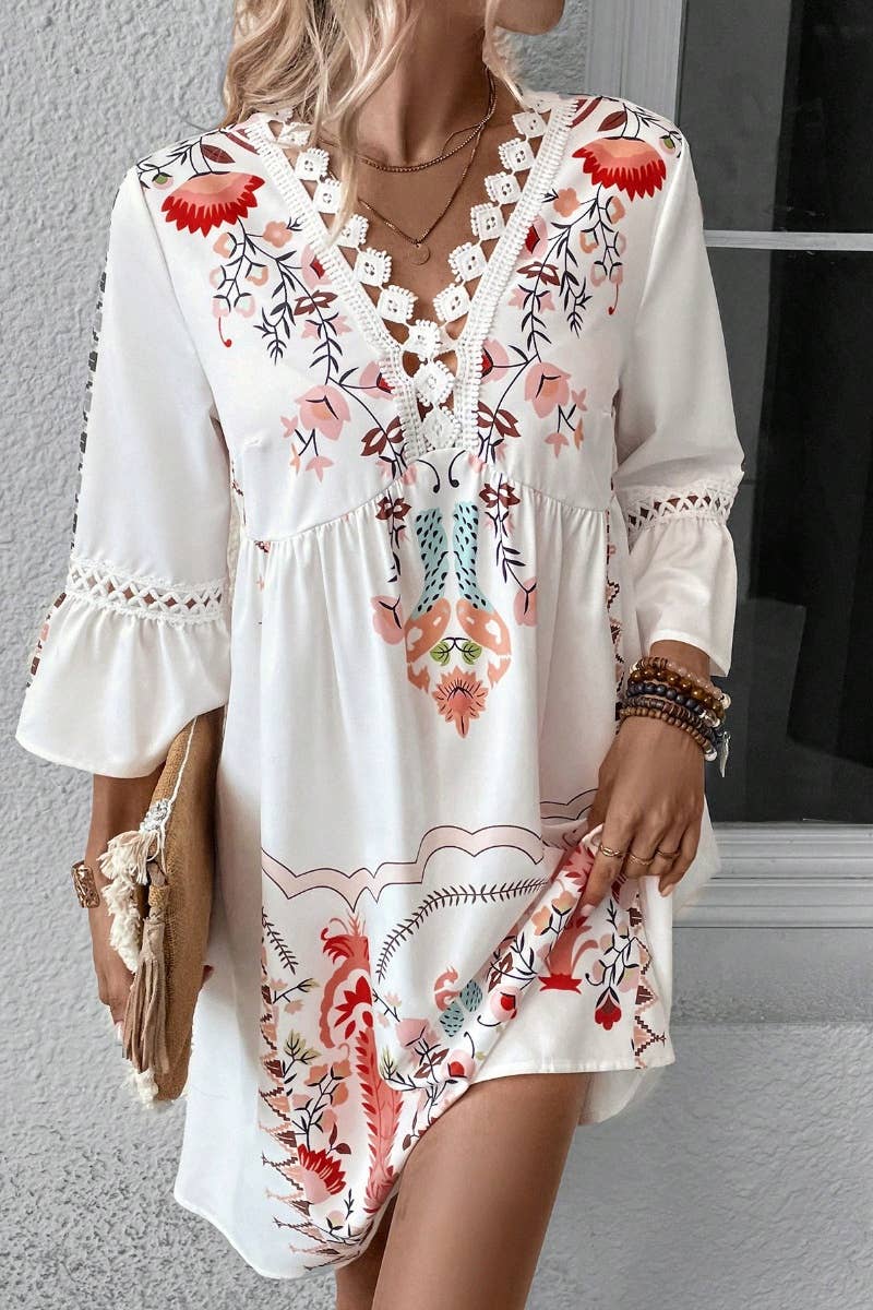 CWDSD4861_SUMMER CASUAL V-NECK LACE PATCHWORK PRINT DRESS