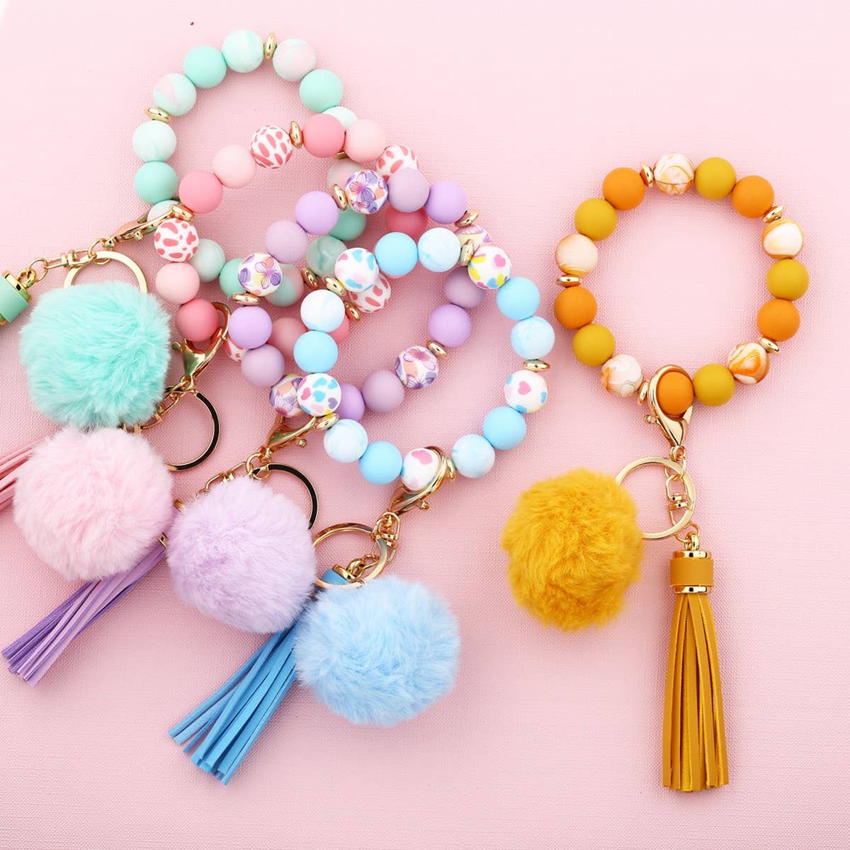 Pom-pom Tassel Keychain Silicone Bead Bracelet_CWAB5016