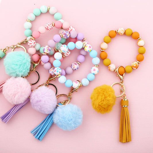 Pom-pom Tassel Keychain Silicone Bead Bracelet_CWAB5016