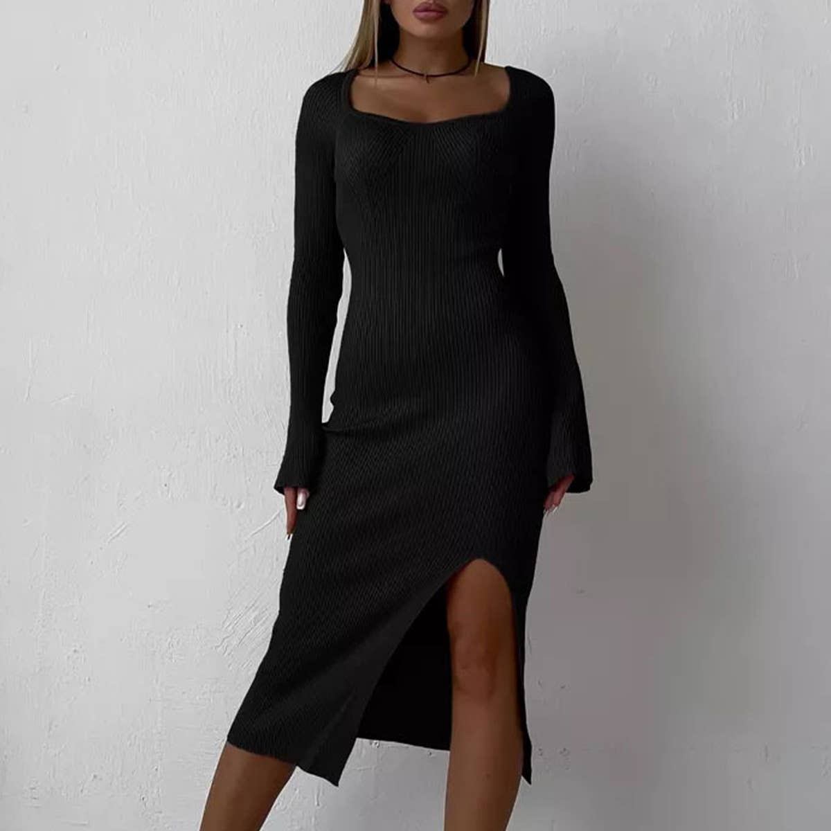 LONG-SLEEVED SLIT TIGHT-WRAPPED HIP SWEATER DRESS