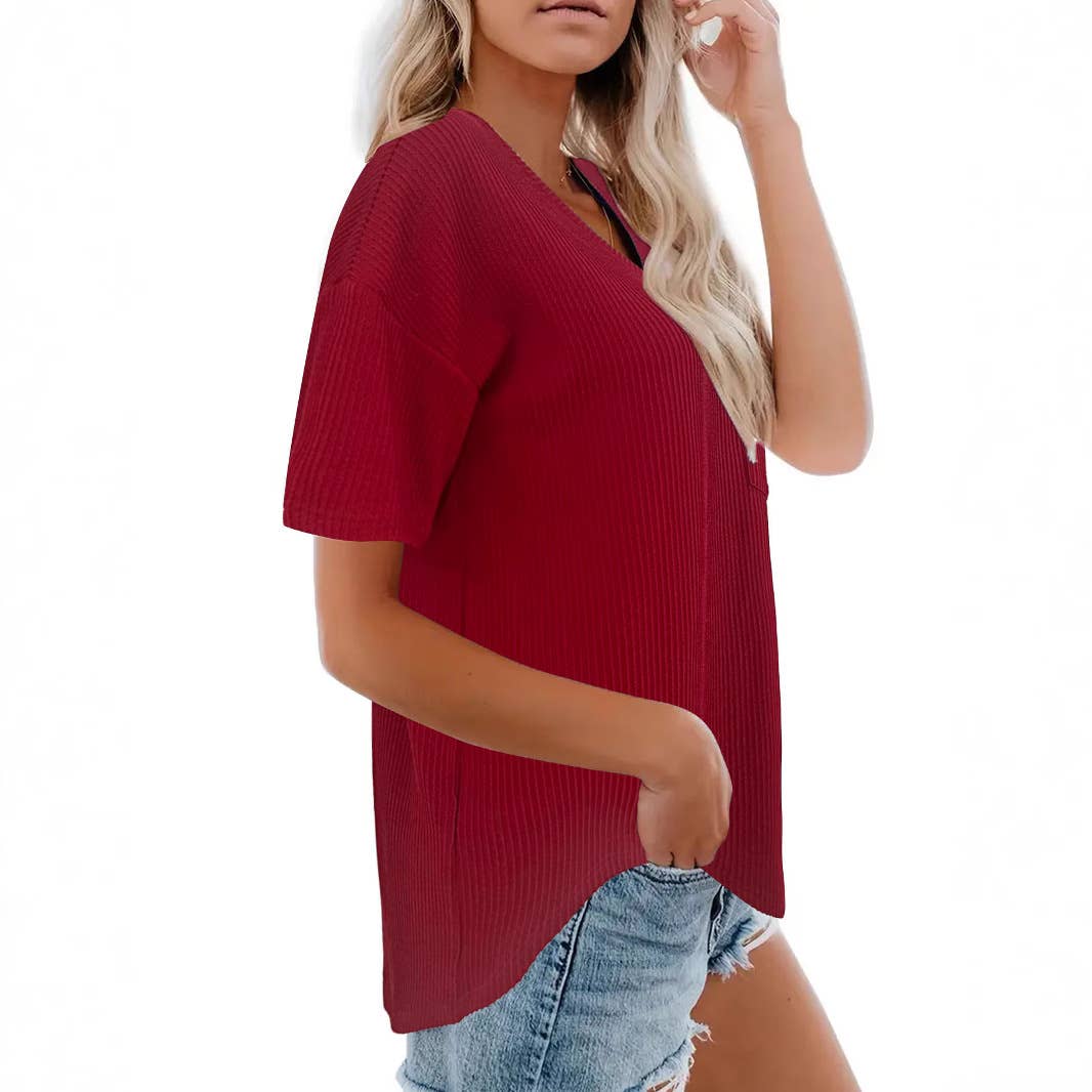V-neck loose short-sleeved solid color T-shirt