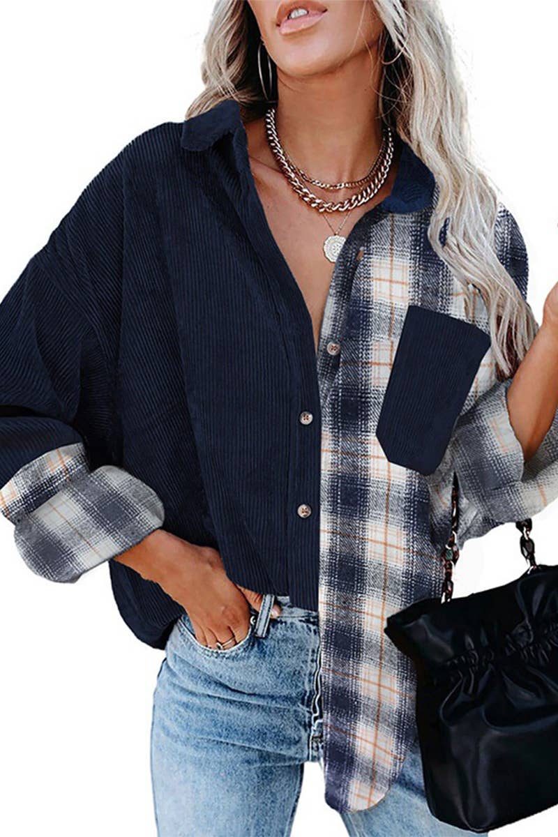 SINGLE BREASTED PLAID CORDUROY LONG SLEEVE SHIRT