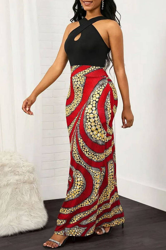 CWDMD5080_SUMMER TEMPERAMENT COLORBLOCK HALTER NECK DRESS