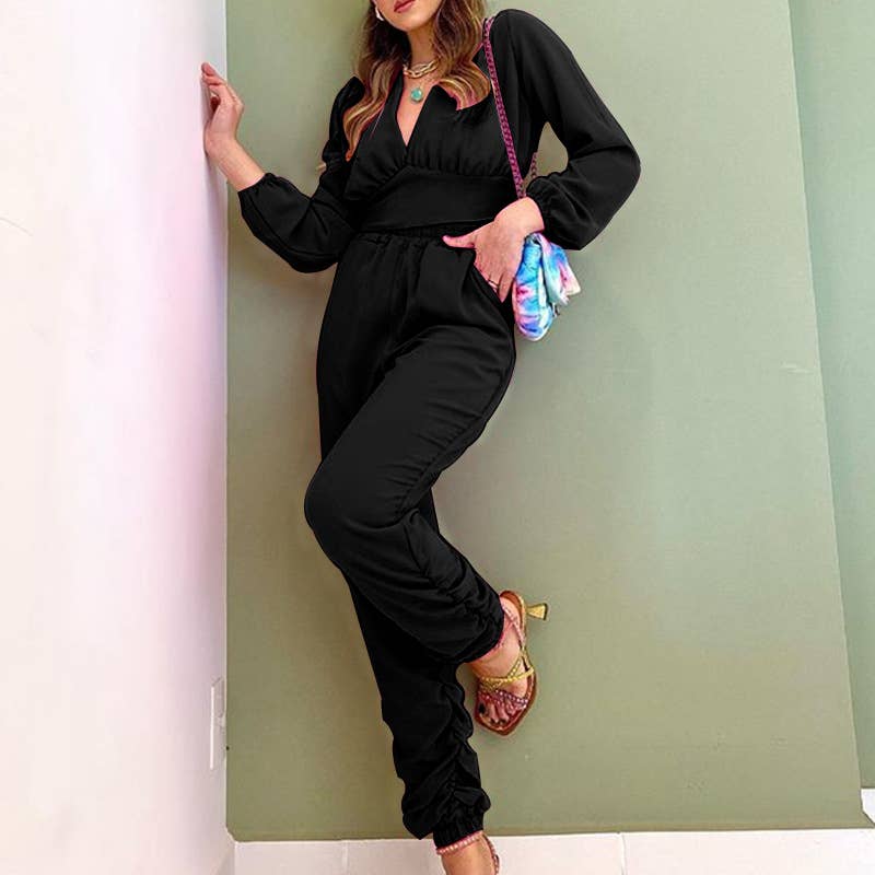 V-NECK CASUAL TOP SWEATPANTS SUIT TWO-PIECE