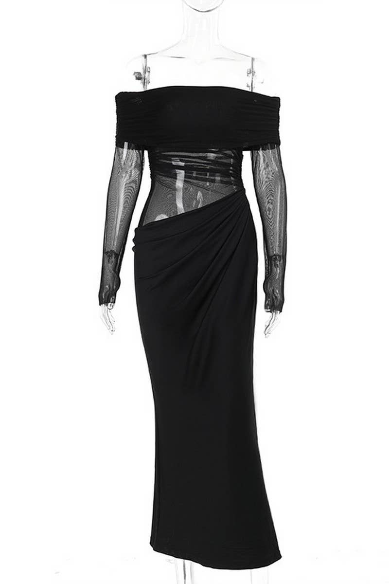 CWDMD4232_SOLID COLOR ONE SHOULDER MESH HOLLOW DRESS