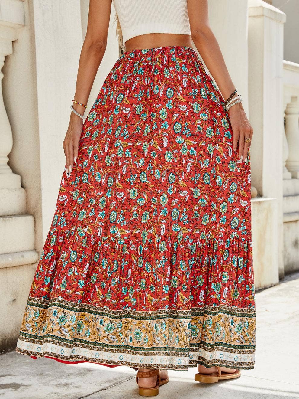 High-waisted printed breasted split skirt