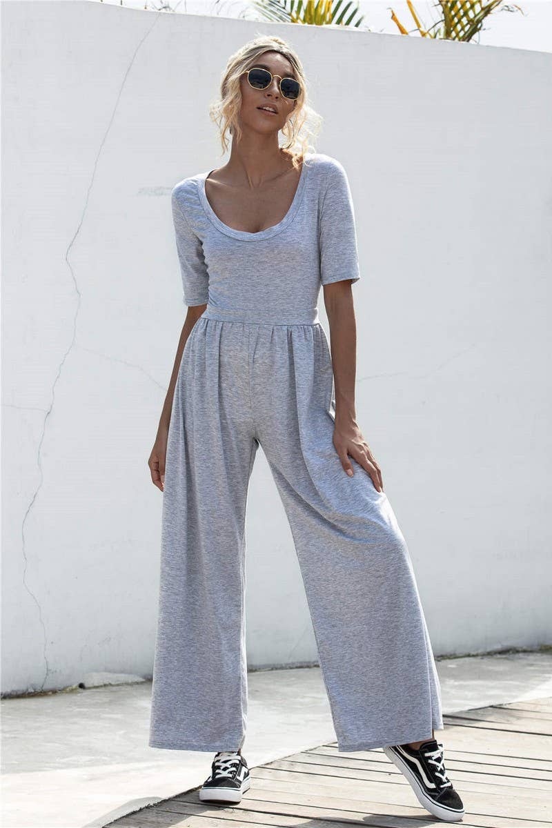 SOLID COLOR SHORT SLEEVED WIDE LEG LOOSE JUMPSUIT_CWSJS0428