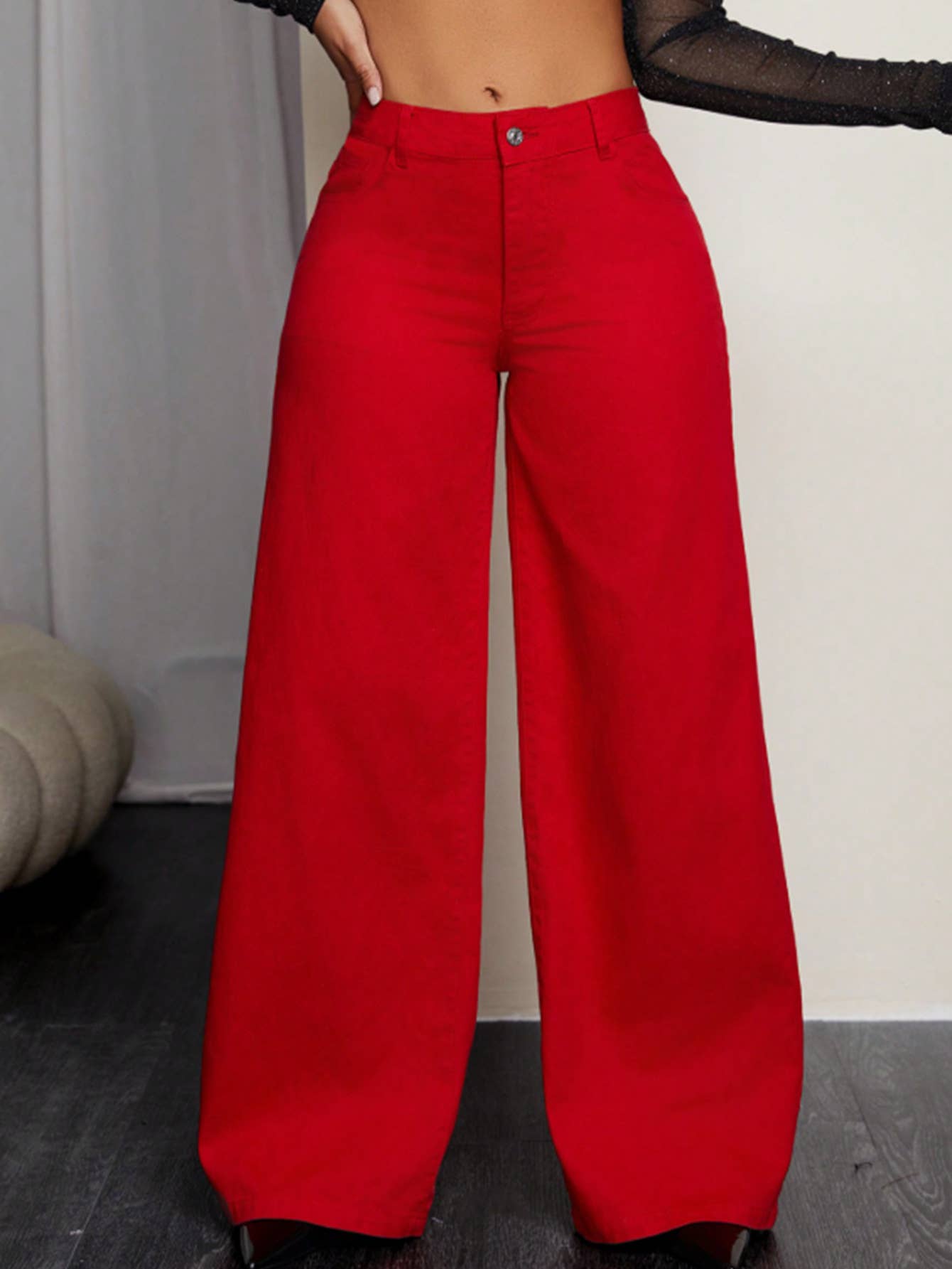 Solid color high-waisted loose denim trousers