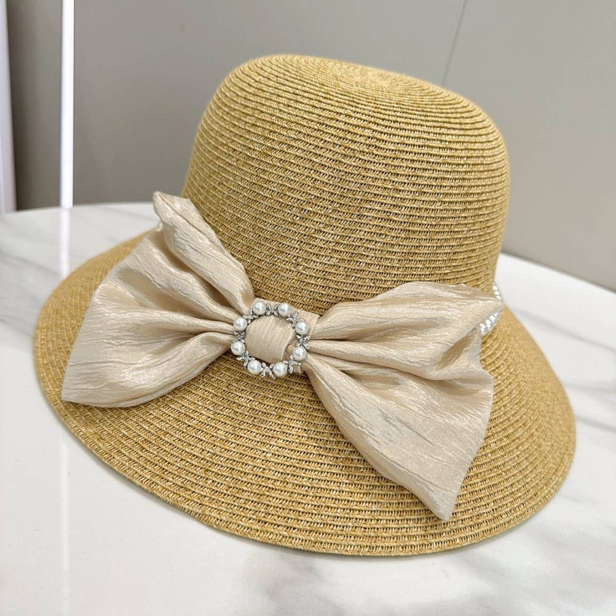 Fashionable pearl button bow sun hat_CWAH3595