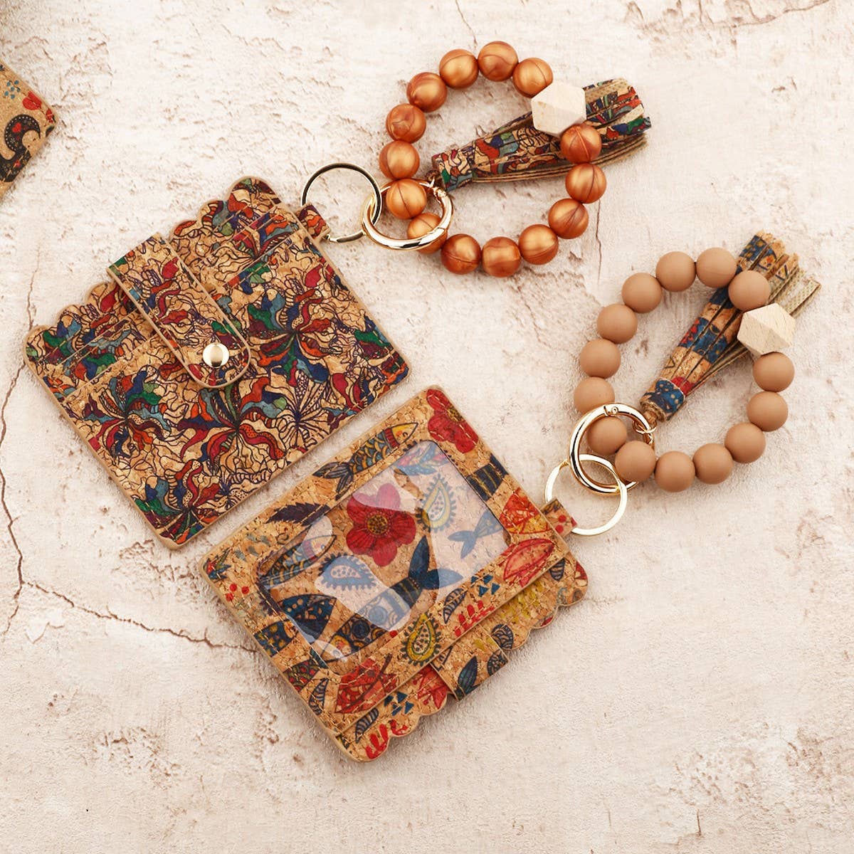 Silicone Bead Keychain Cork Card Wallet with Print_CWAB4951