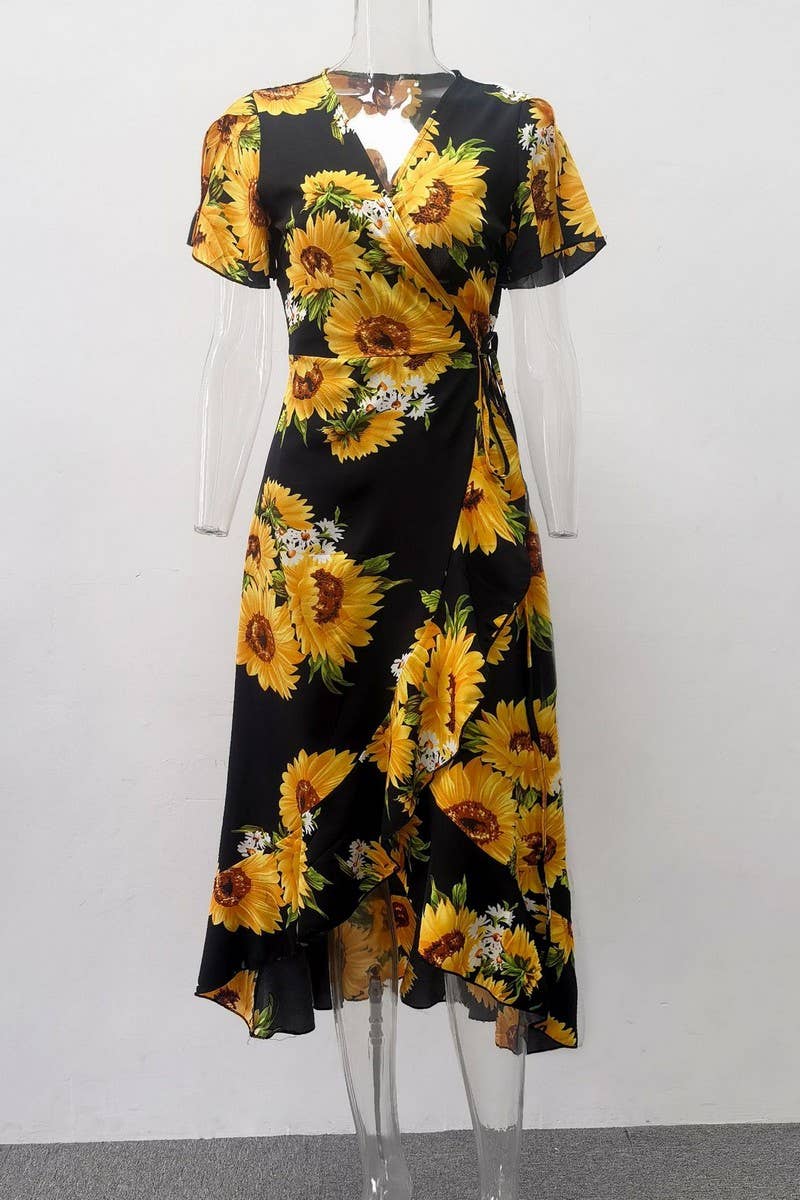 CWDSD2946_V-Neck Short Sleeve With Waist Tie Print Dress