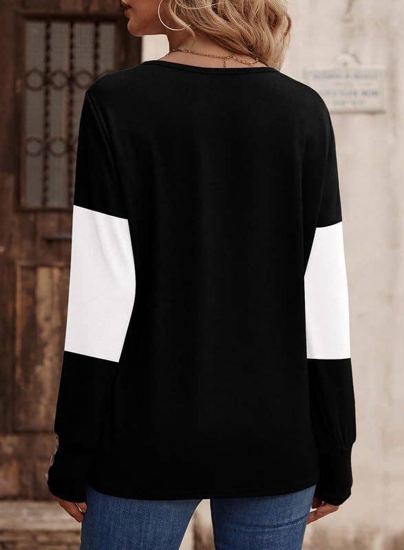 SPLICED BUTTON PULLOVER CASUAL V-NECK TOP