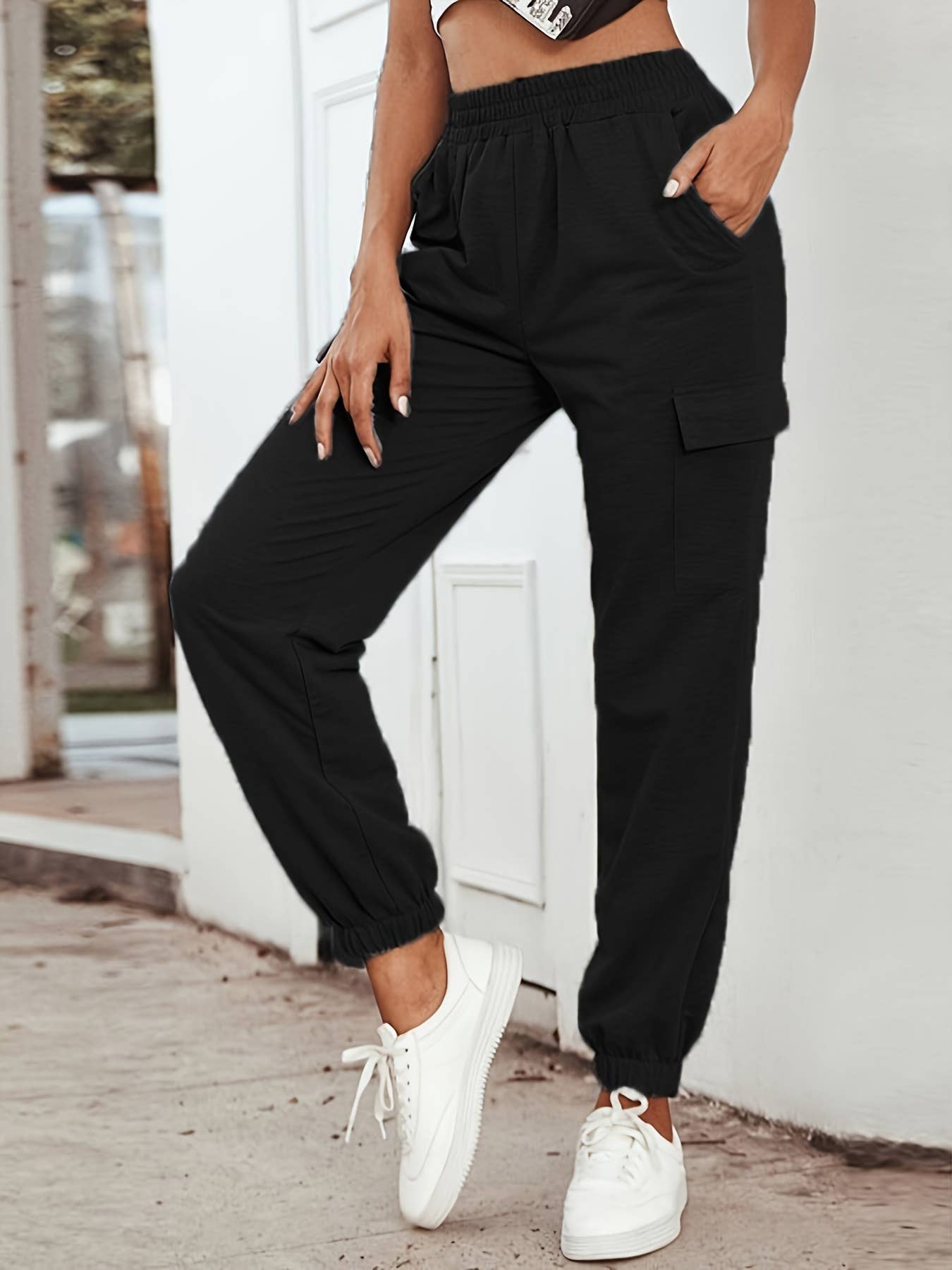 SPORT SOLID COLOR HIGH-WAISTED POCKET LEG PANTS