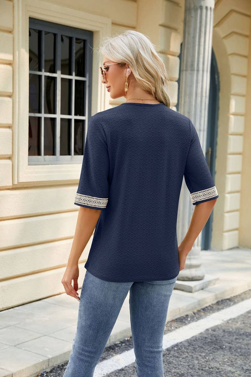 V NECK LACE STITCHING SOLID COLOR LOOSE TOP_CWTSTS0187