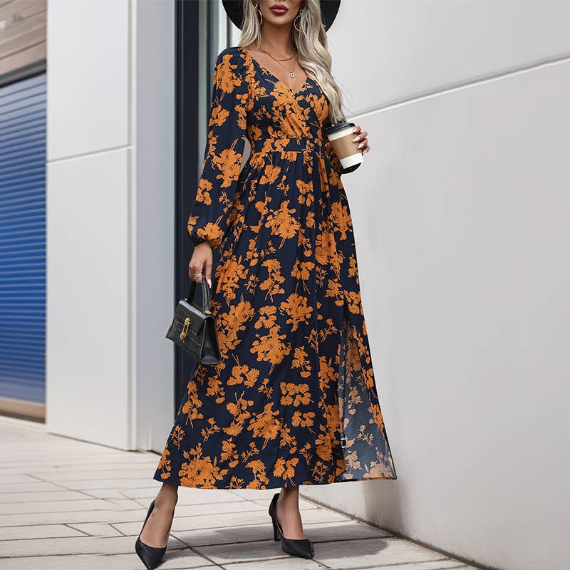 LONG-SLEEVED V-NECK SPLIT PRINT DRESS