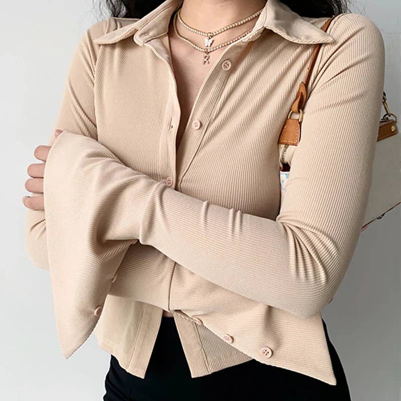 Temperament flared sleeve solid color shirt