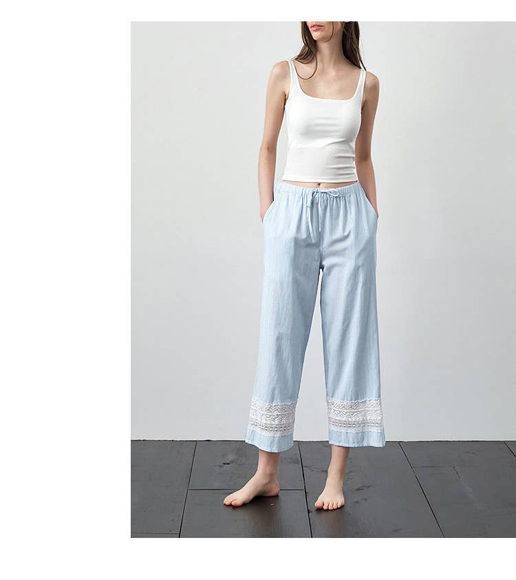 Yarn-dyed patchwork lace cotton pajama pants