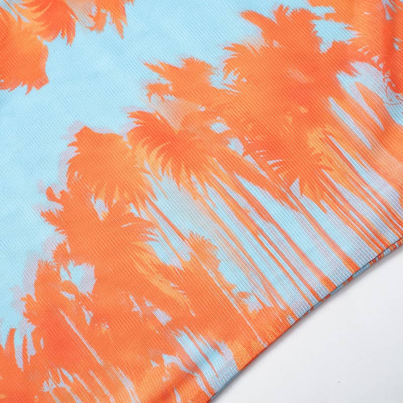 See-through mesh printed one-line collar dress