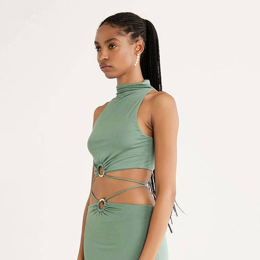 SEMI-HIGH NECK SEXY MIDRIFF HIP WRAP SLIM DRESS