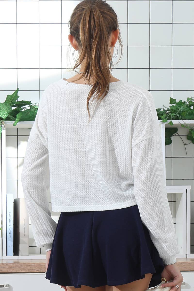 Cwttl1006_V Neck Tunic Short Crop Long Sleeve Knit Sweater