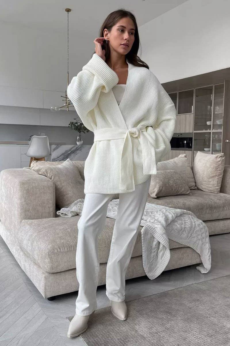 CWOCAL2240_SOLID COLOR LACE-UP LOOSE ROBE KNITTED CARDIGAN