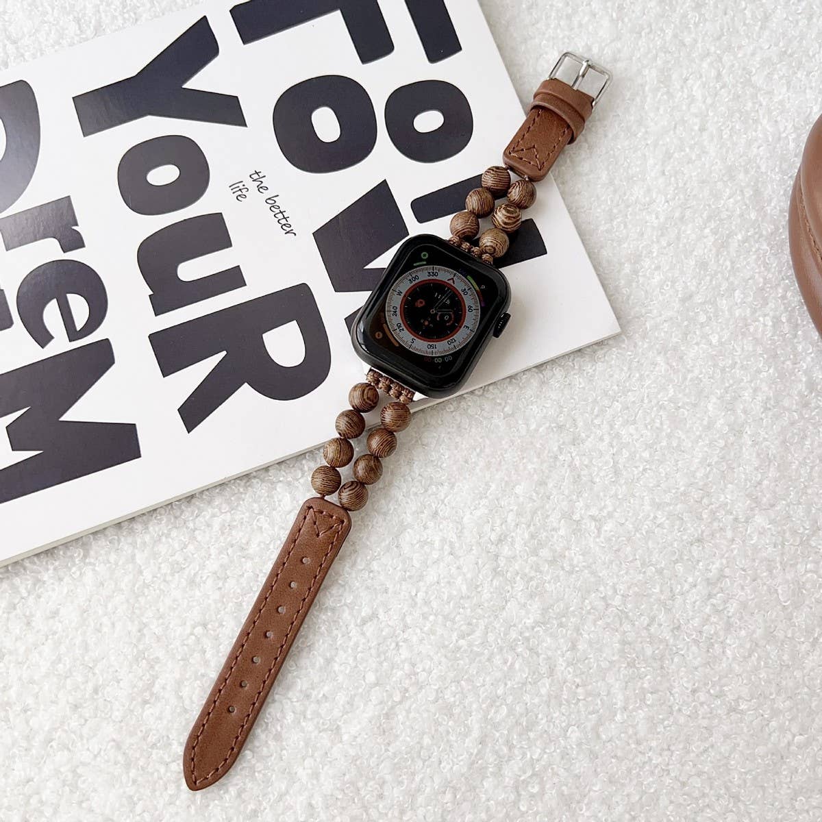 IWATCH9-1 SE WOODEN BEADS GENUINE LEATHER STRAP
