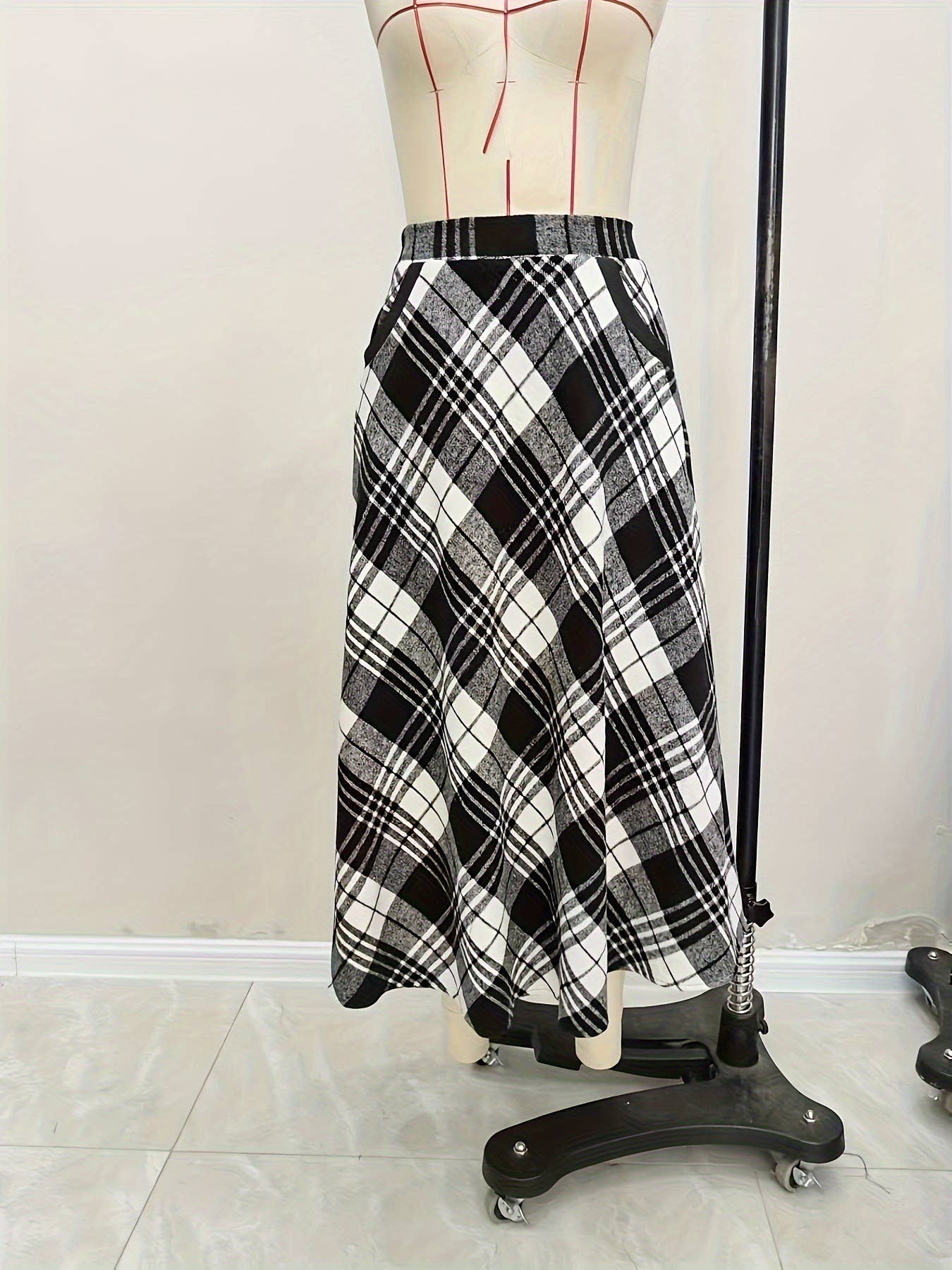 Plaid woolen cloth large pockets long skirts