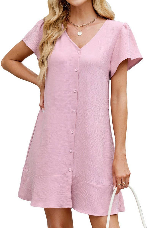CWDSD7313_SOLID COLOR V-NECK BUTTON SHORT SLEEVE DRESS