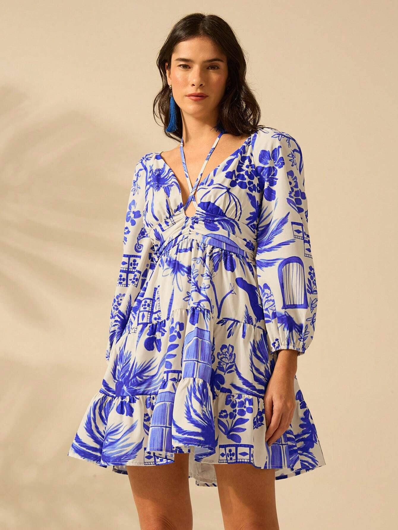 V-neck cinched waist lantern sleeve lace-up dress