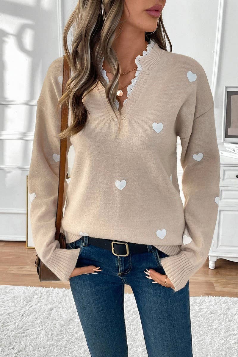 CWOSWL07115_V-NECK HEART-PRINT VALENTINE'S DAY SWEATER