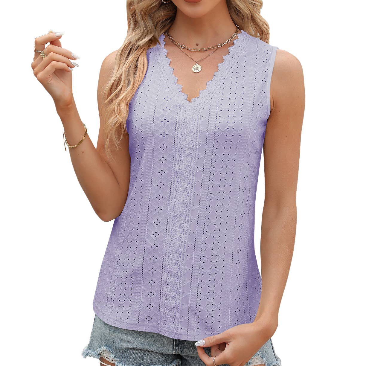 V-neck lace sleeveless solid color casual vest