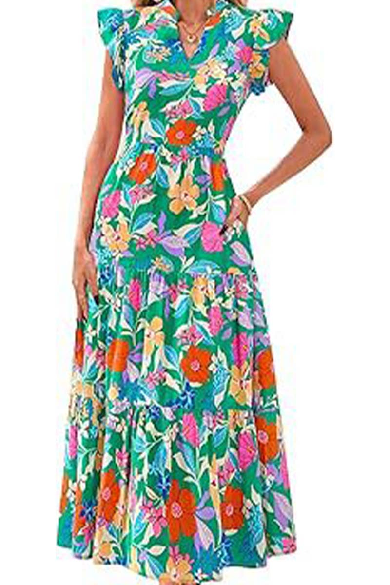 CWDMD6342_V-NECK PLEATED FLYING SLEEVES PRINTED MIDI DRESS
