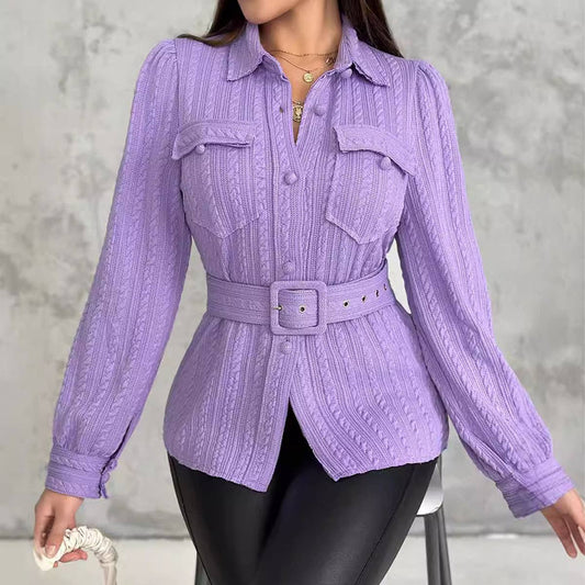 LONG SLEEVE TEXTURED FABRIC LAPEL AND BELT SHIRT