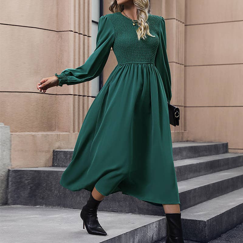 LONG WAIST DRESS WITH LANTERN SLEEVES