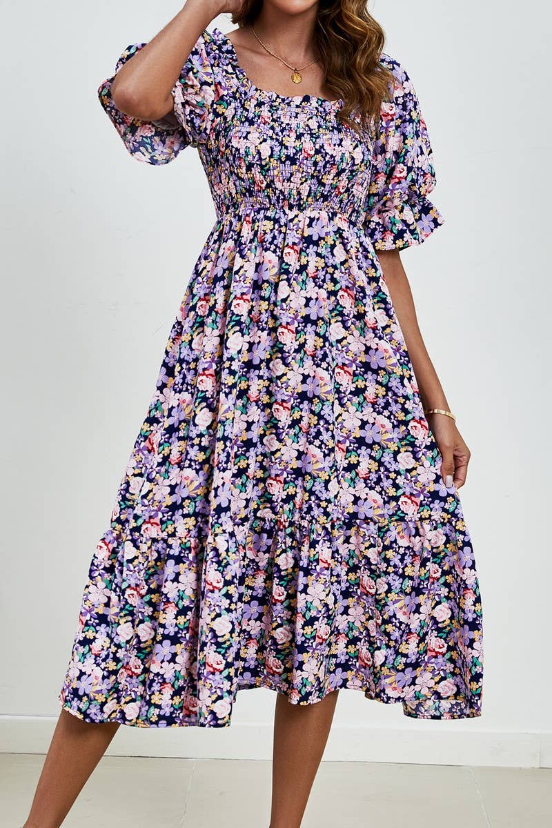 CWDMD4891_GATHERED SQUARE NECK PUFF SLEEVE PRINTED DRESS